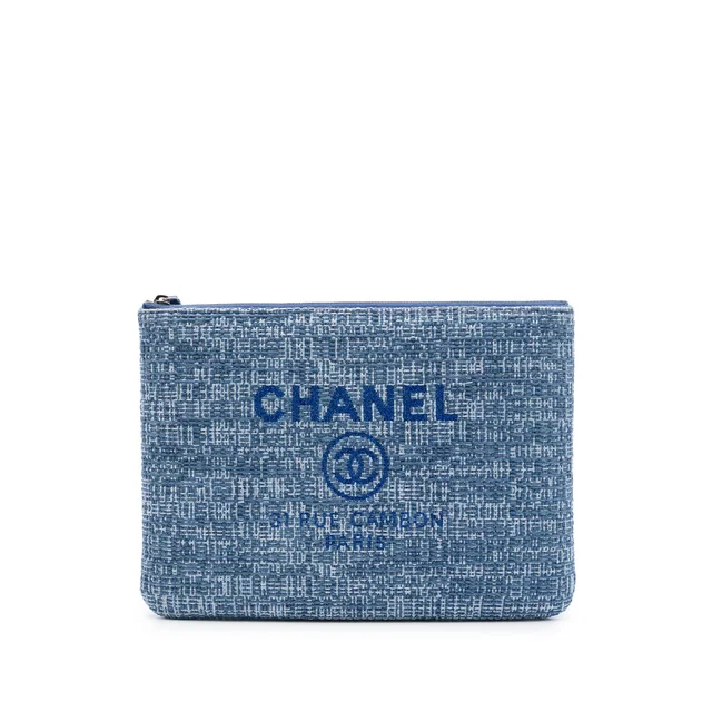 Blue Chanel Medium Tweed Deauville O Case Clutch in Blue Tweed from Designer Revival