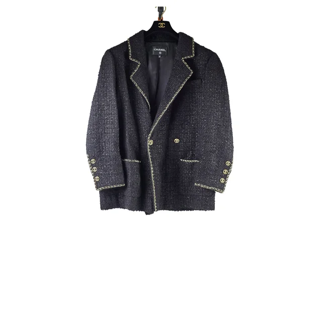 Chanel Chain Tweed Long Blazer/Coat Black - Size 48 in Black Tweed from The Purse Affair