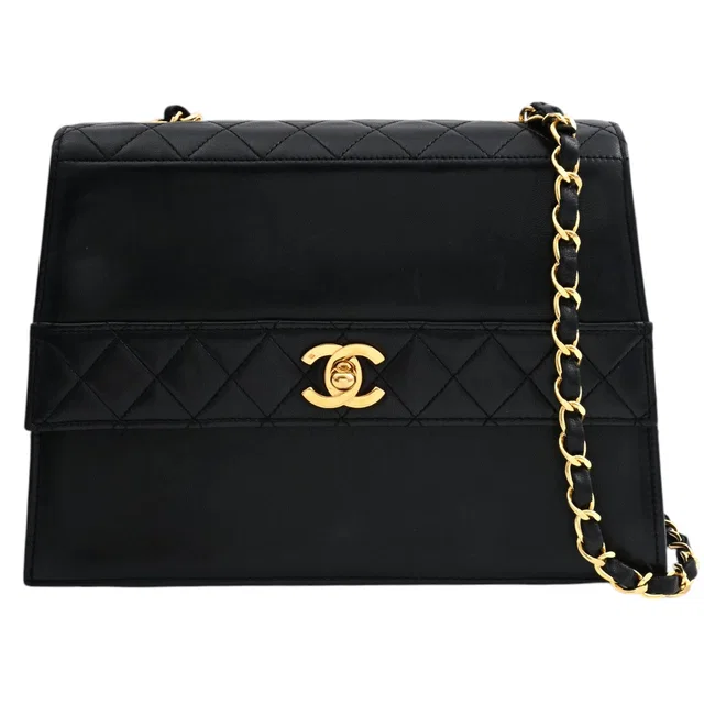 Chanel Circa 1990 Matelassé Stitch CC Turn-Lock Chain Shoulder Bag, Black in Black Lambskin from VINTAGE QOO TOKYO