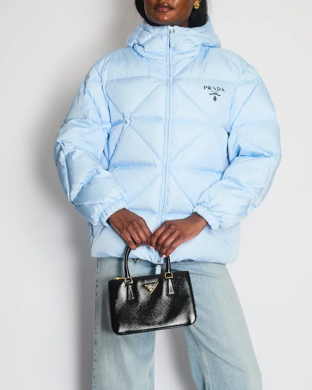 Prada Baby Blue Hooded Quilted Down Re-Nylon Puffer Jacket Size IT 36 (UK 4) in Blue Nylon from Sellier