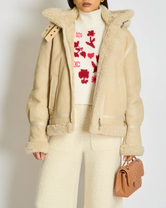 Chloé Beige Shearling Flight Logo Jacket with Detachable Hood Size FR 38 (UK 10) in Beige Lambskin from Sellier