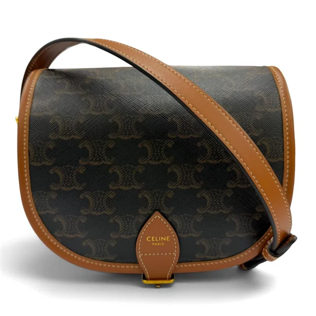 Celine Medium Folco Triomphe Canvas Shoulder Bag Tan Brown in Brown Canvas from The Reluxe