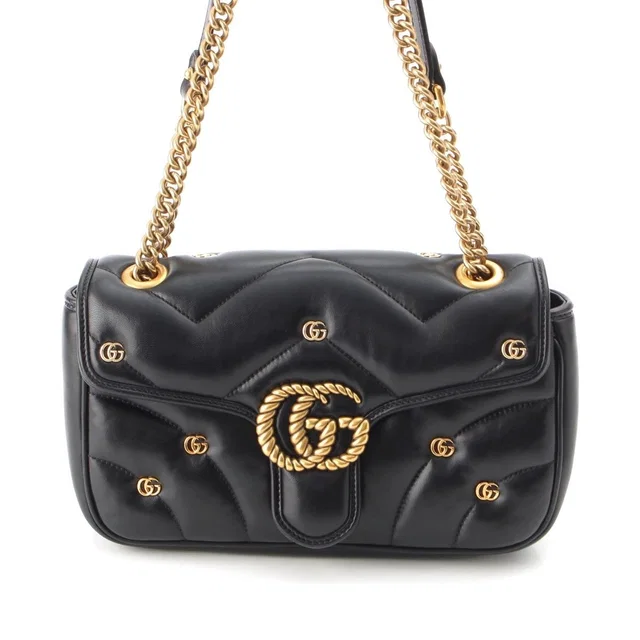 Gucci GG Marmont Leather Quilted Locking G Chain Shoulder Bag Black in Black Leather from The Reluxe