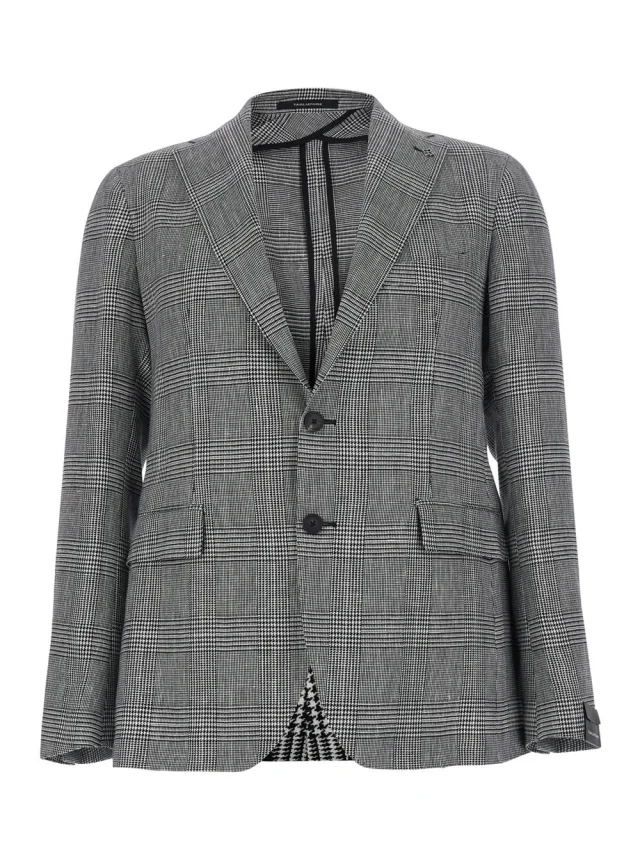 Grey Single-breasted Jacket with Notched Revers and All-Over Houndstooth Motif in Cotton and Linen Men in Grey, image 1 of 1 from Gaudenzi Boutique