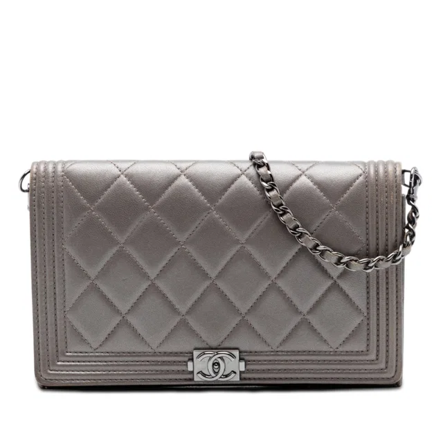 Brown Chanel Quilted Metallic Lambskin Boy Clutch On Chain Shoulder Bag in Brown Lambskin from Designer Revival