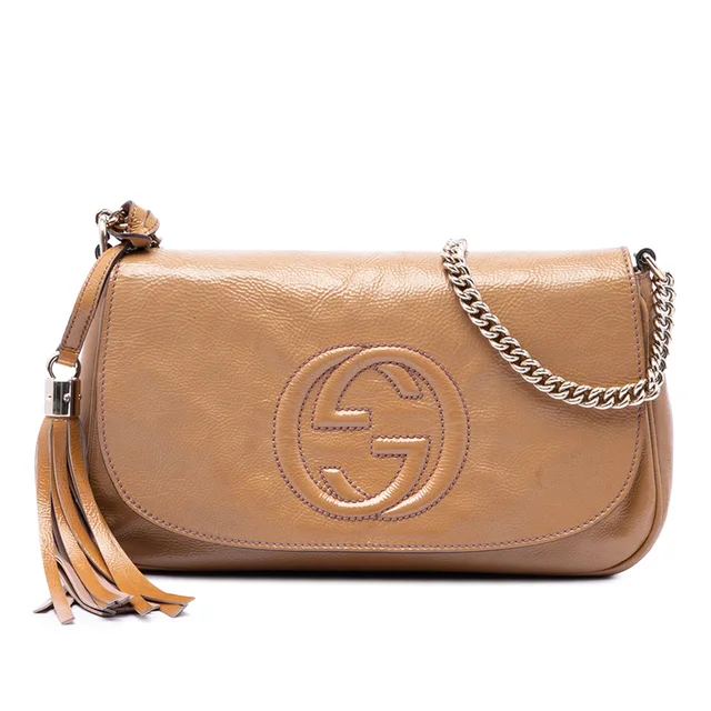 Brown Gucci Medium Patent Soho Chain Flap Crossbody in Brown Patent leather from Designer Revival