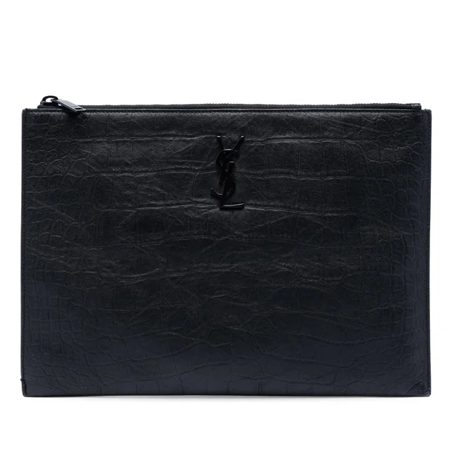 Black Saint Laurent Croc Embossed Leather Monogram Document Holder Clutch Bag in Black Crocodile from Designer Revival