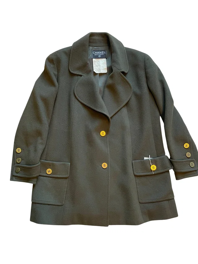 Chanel 94A CC Buttons Cashmere Jacket Khaki Green in Green Cashmere from Luxury Promise
