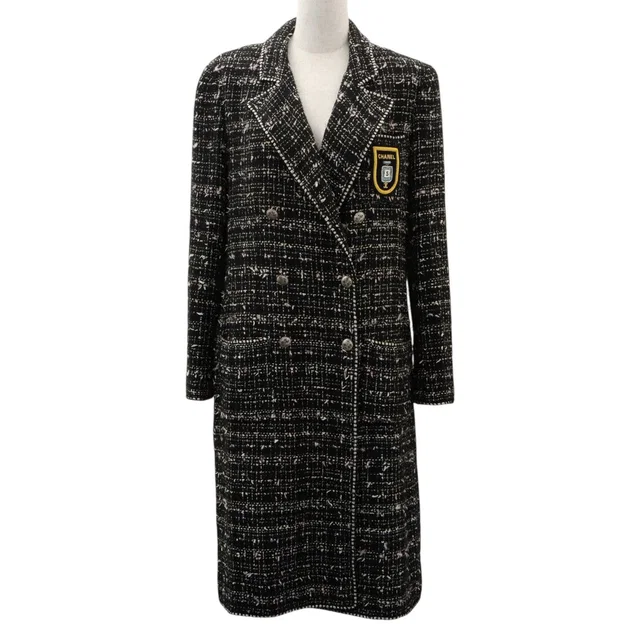 Chanel 2005 Tweed C-Mark Emblem Patch Long Jacket #40 Black in Black Tweed from VINTAGE QOO TOKYO