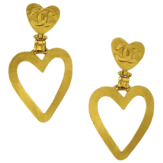 Chanel Heart Dangle Hoop Gold Clip-On Earrings 95P in Gold from AMORE Vintage Tokyo