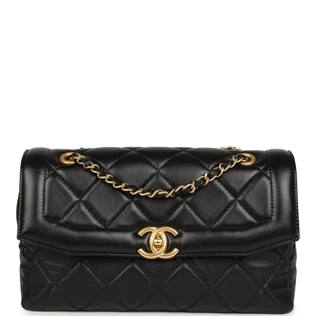 Chanel Medium Flap Bag Black Shiny Lambskin Antique Gold Hardware in Black Lambskin from Madison Avenue Couture