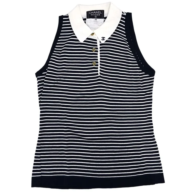 Chanel Sleeveless Border Top Navy White #38 in White from AMORE Vintage Tokyo