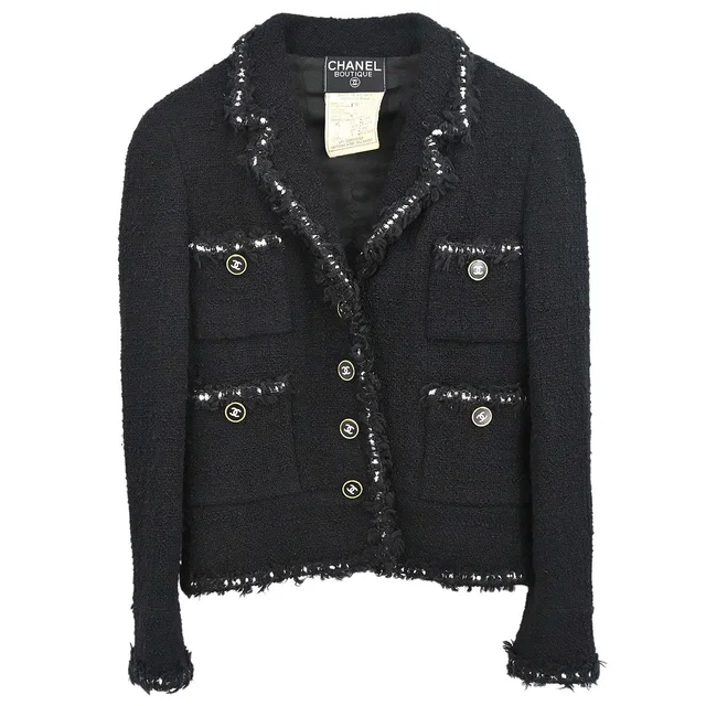 Chanel 1994AW Boutique Museum Black Jacket Braided Trim CC Buttons #34 in Black Wool from AMORE Vintage Tokyo