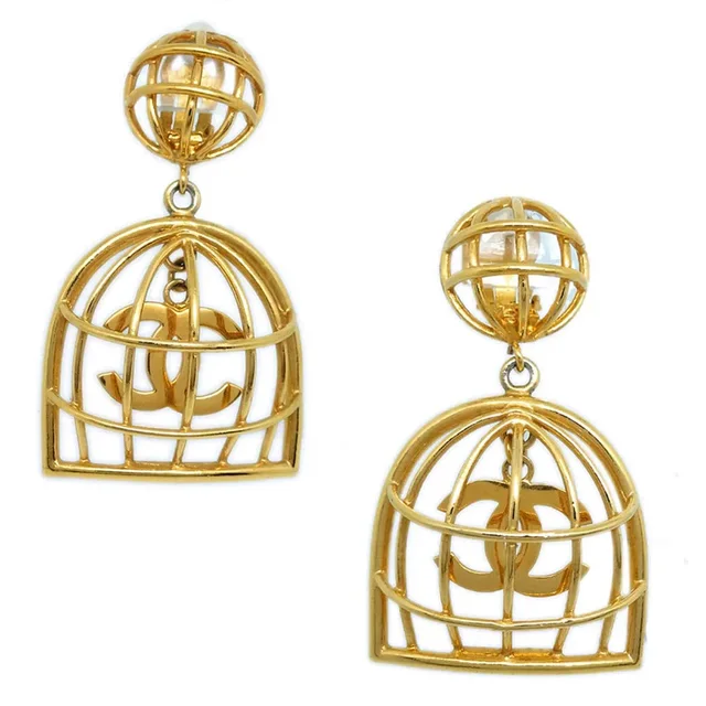 Chanel Birdcage Dangle Earrings Clip-On Gold in Gold from AMORE Vintage Tokyo