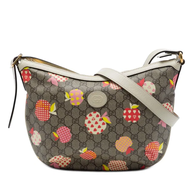 Beige Gucci Small GG Supreme Les Pommes Ophidia Half Moon Crossbody in Beige Coated canvas from Designer Revival