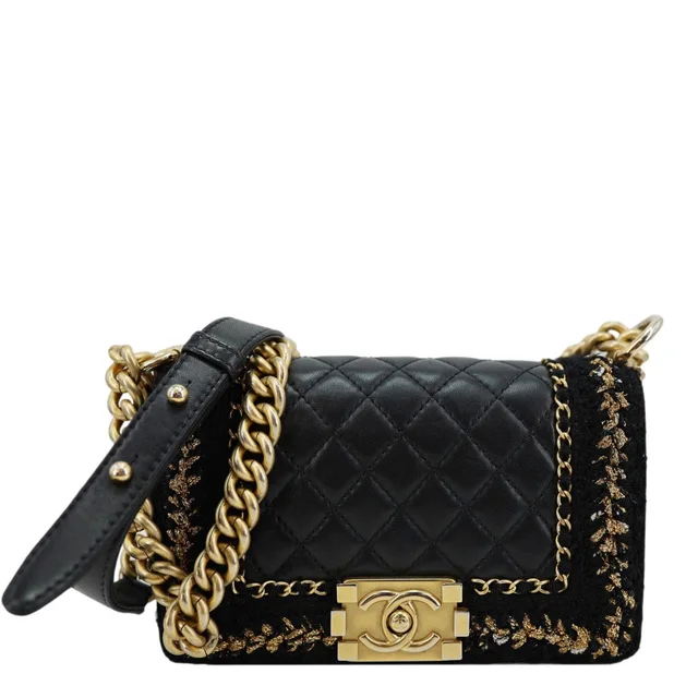 Chanel Boy Flap Braided Jacket Tweed Crossbody Bag Black in Black Tweed from Dallas Designer Handbags