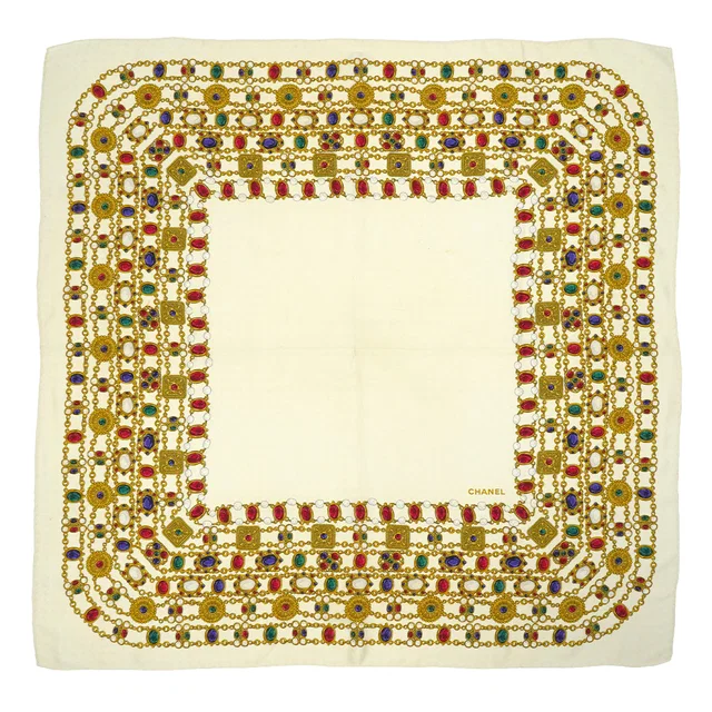 Chanel Vintage Jewelry Pattern Scarf White Multicolor Silk in White Silk from Luxury Promise