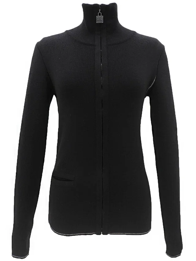 Chanel 2003 Sportline CC Mark Zip-Up Knit Jacket #34 Black in Black Wool from VINTAGE QOO TOKYO