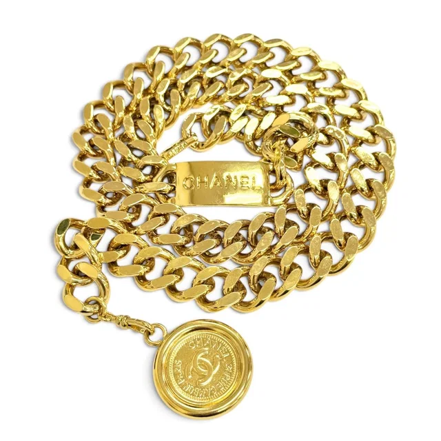 Chanel Vintage 94P CC Logo Coin Motif Plate Chain Belt Gold in Gold from The Reluxe