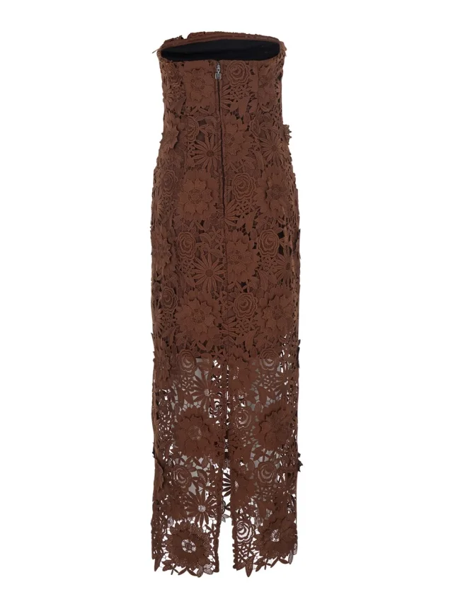 ROTATE Brown Midi Dress with All-Over Floral Embroidery and Off Shoulder Design in Tech Fabric for Women in Brown 100% Polyester, photo 3 of 6 from Gaudenzi Boutique
