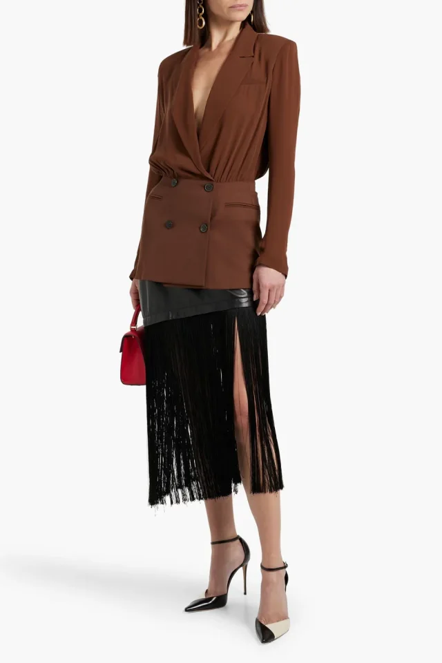 Valentino Garavani Double-Breasted Silk-Twill and Wool-Blend Blazer in Brown, photo 6 of 8 from THE OUTNET