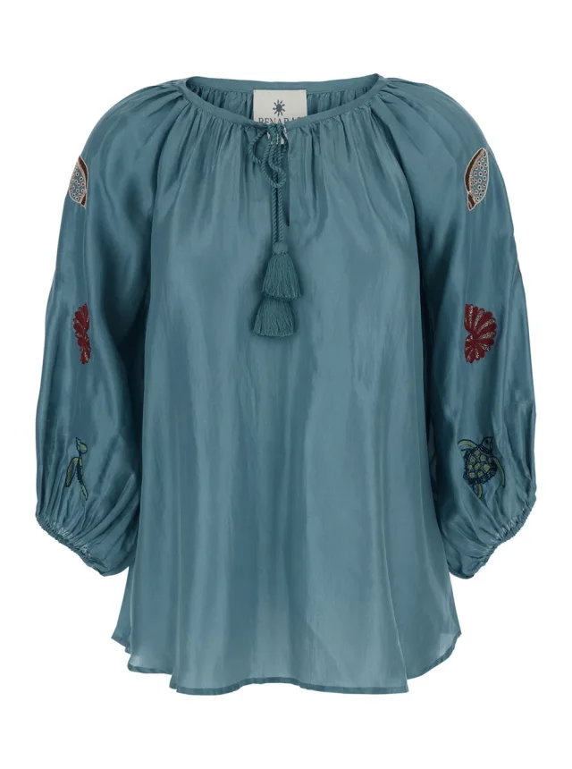 Benaras by citrus 'Veronica' Blue Short Caftan with Adjustable Knot at the Neck and All-Over Marine Embroidery in Linen Woman in Blue 100% Silk from Gaudenzi Boutique, photo 1 of 1