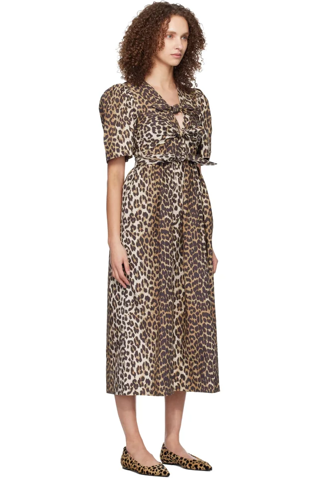 GANNI Brown & Black Leopard Printed Cotton Midi Dress, photo 2 of 4 from SSENSE