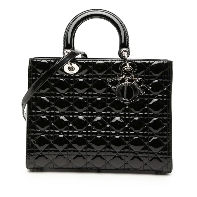 Black Dior Large Patent Cannage Lady Dior Satchel in Black Patent leather from Designer Revival