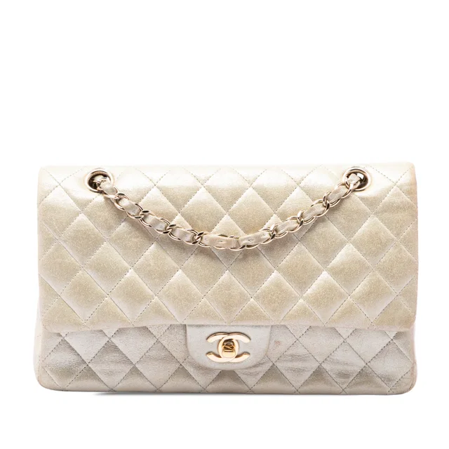 Gold Chanel Medium Classic Iridescent Calfskin Double Flap Shoulder Bag in Gold Calfskin from Designer Revival