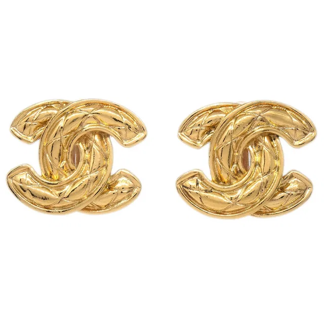 Chanel CC Quilted Earrings Clip-On Gold 2459 in Gold from AMORE Vintage Tokyo