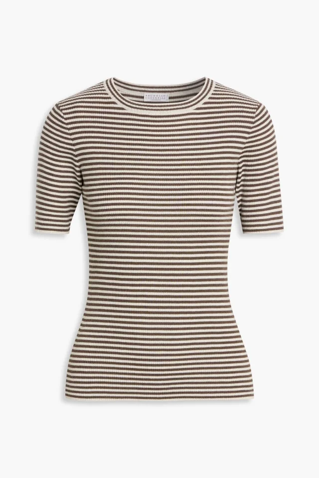 Brunello Cucinelli Metallic Striped Ribbed Cashmere and Silk-Blend Top in Chocolate, photo 4 of 4 from THE OUTNET