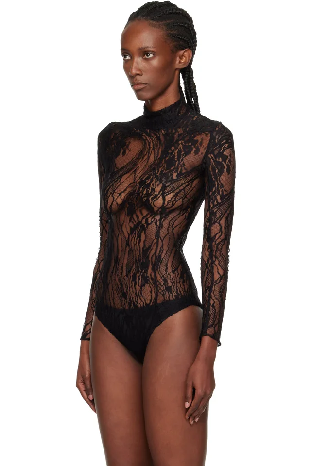 BALMAIN Black Long-Sleeved Lace Bodysuit, photo 4 of 5 from SSENSE