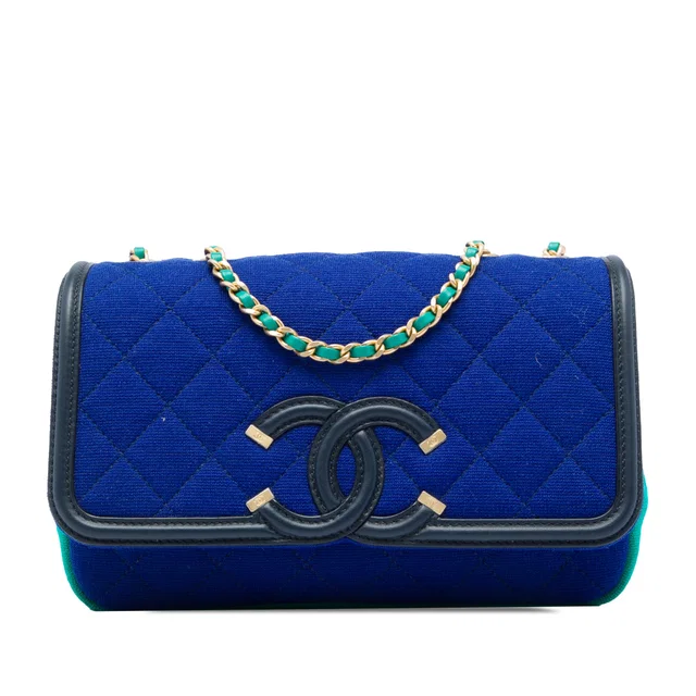 Blue Chanel Small Tricolor Jersey CC Filigree Flap Crossbody Bag in Blue Leather from Designer Revival