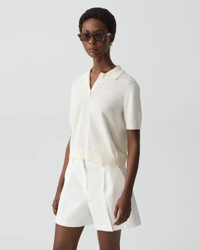 Theory Sheer Polo Shirt in Linen Knit in BONE 77% Linen, 23% Viscose; Exclusive Of Elastic, photo 2 of 12 from Theory