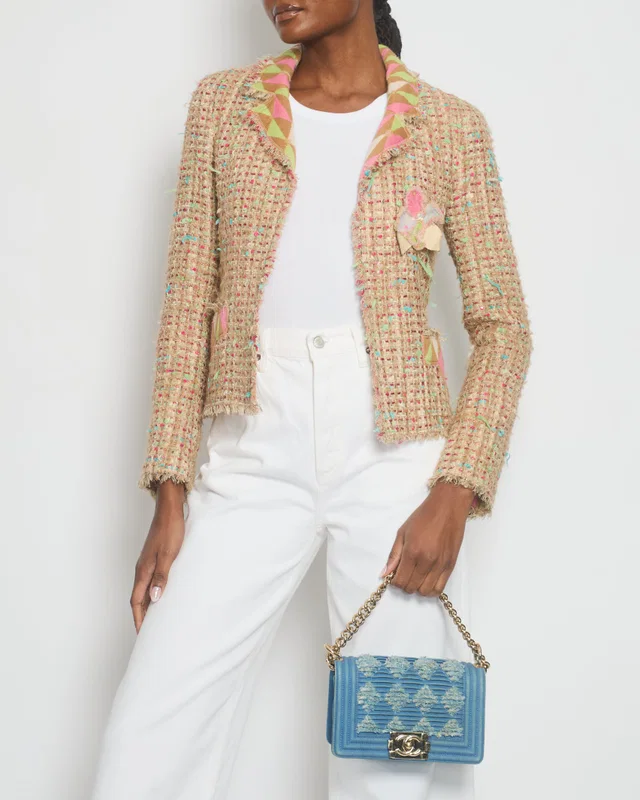 Chanel A/04 Pink, Cream Tweed Jacket with Sequin & Camellia Flower Pin Detail Size FR 36 (UK 8) in White Tweed from Sellier