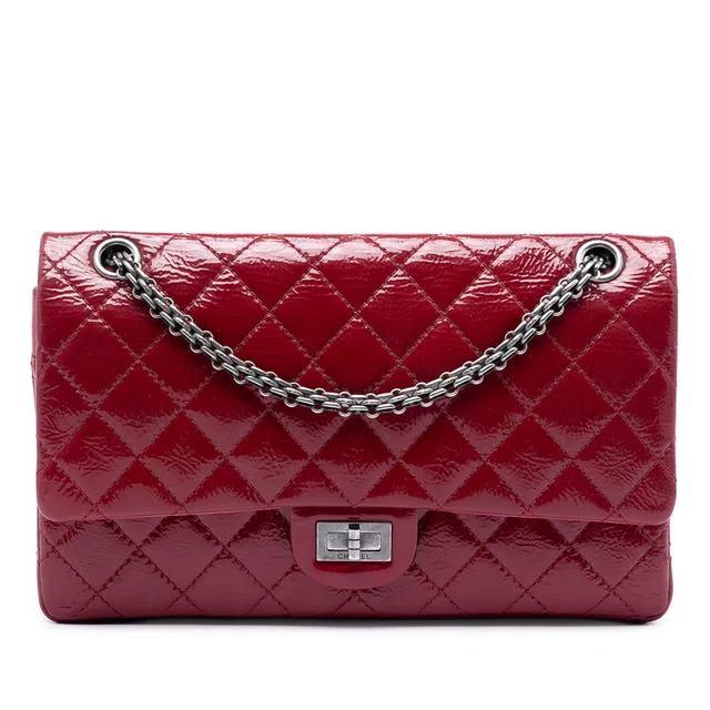 Red Chanel Quilted Crinkled Patent Reissue 2.55 Double Flap 226 Shoulder Bag in Red Patent leather from Designer Revival