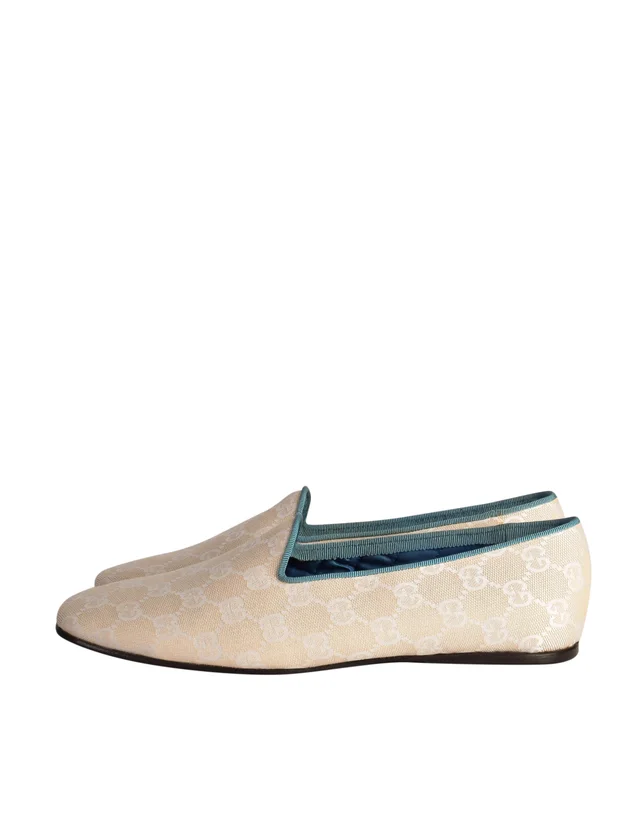 Gucci Vintage Creamy Beige GG Logo Monogram Canvas Fabric Turquoise Trim Slipper Loafers size 9.5 in Beige Coated canvas from Amarcord Vintage Fashion