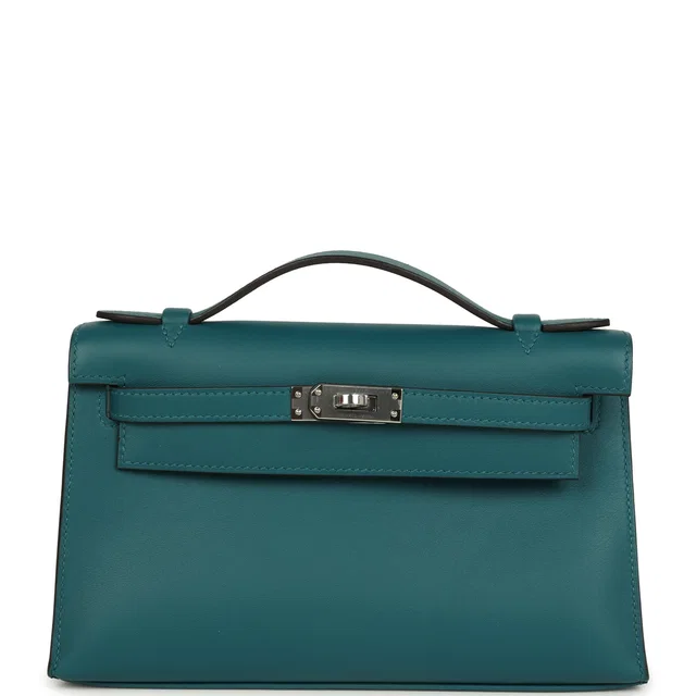Hermès Kelly Pochette Vert Bosphore Swift Palladium Hardware in Green Swift leather from Madison Avenue Couture