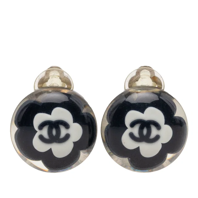 Chanel CC Resin Flower Clip On Earrings in Black Resin from Designer Revival