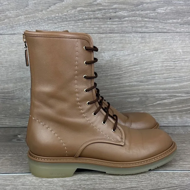 Max Mara Hazelnut Brown Calfskin Women’s Sz 8/Eu 38 Rear Zip Lace Up Combat Boots in neutral|red|brown Calfskin from Poshmark