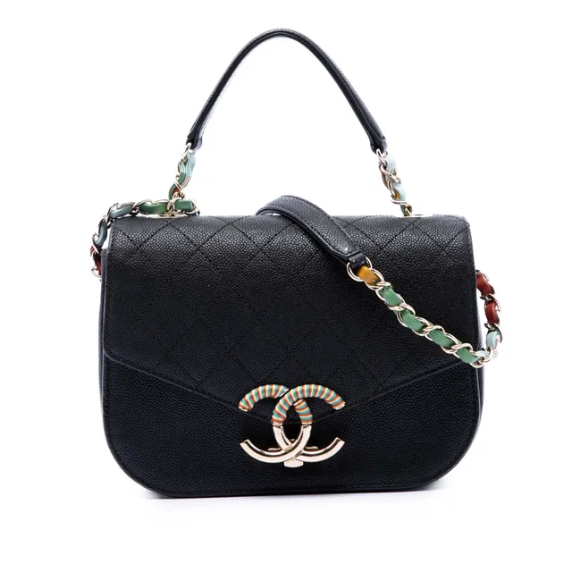 Black Chanel Paris Cuba Small Quilted Caviar Thread Around Flap Satchel in Black Caviar leather from Designer Revival