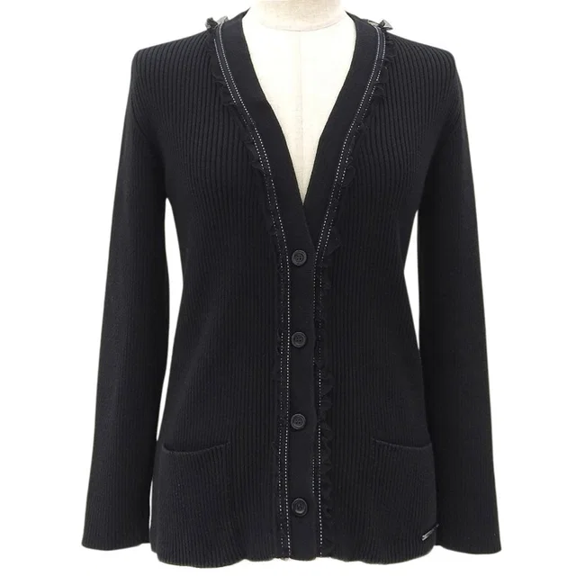 Valentino Garavani Logo Plate Frill Knit Cardigan #42 Black in Black Resin from VINTAGE QOO TOKYO