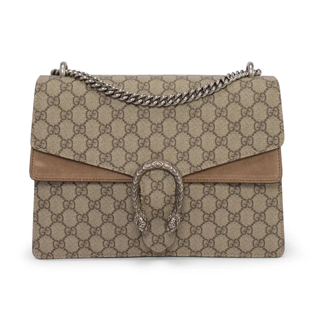 Gucci GG Supreme Medium Dionysus Shoulder Bag in Beige Suede from Blue Spinach