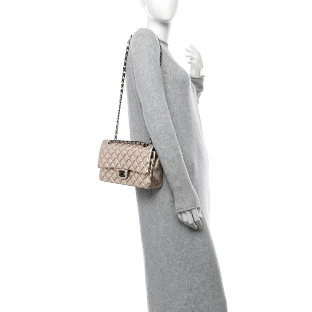Chanel Metallic Lambskin Quilted Medium Double Flap Gold Black in Black Lambskin from FASHIONPHILE, photo 2 of 12