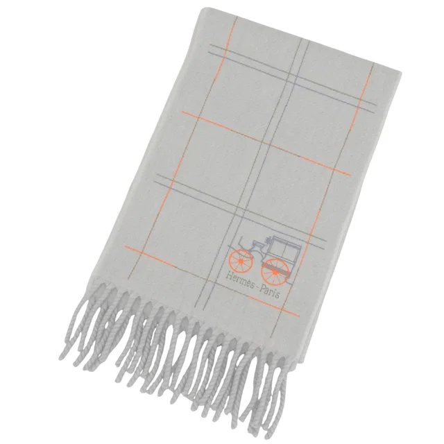 Hermès Cashmere 100% Logo Embroidery Scarf with Fringe Light Gray in Grey Cashmere from The Reluxe
