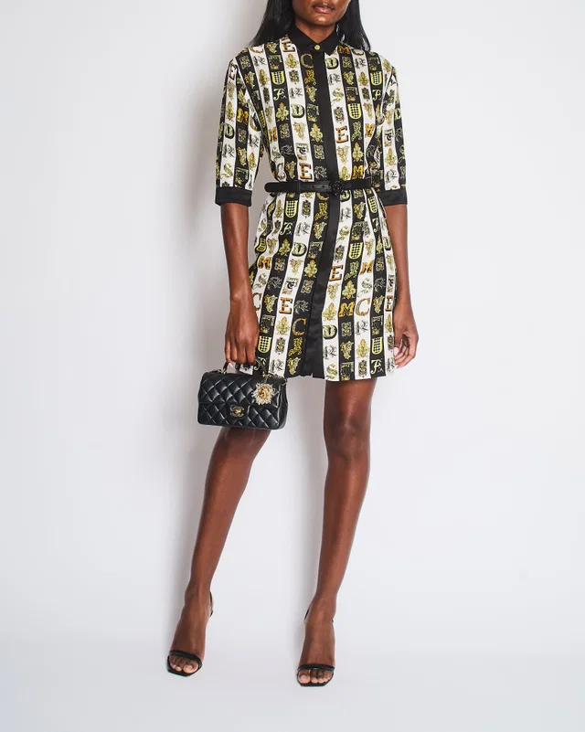 Versace White, Black and Yellow Silk Short Sleeve with Letter Print and Belt Size IT 38 (UK 6) in Black Silk from Sellier