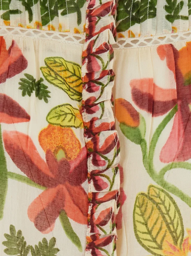 DERHY 'Axelle' White Crew Neck Blouse with ruffle details and all-over floral motif in cotton for women in White 100% Cotton, photo 6 of 6 from Gaudenzi Boutique