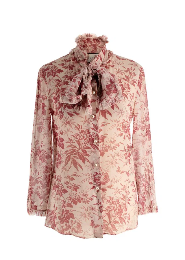 Gucci Floral Print Sheer Pussybow Silk Blouse in Silk from HEWI