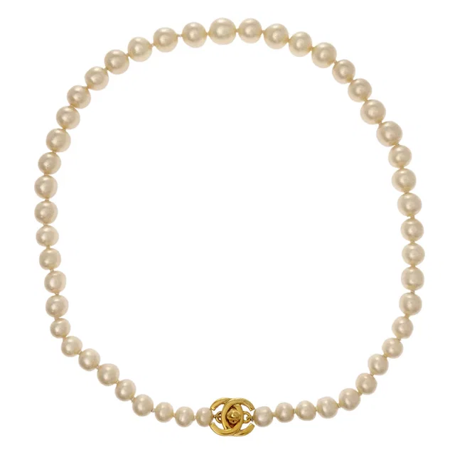 Chanel CC Turnlock Gold Costume Pearl Chain Necklace 96A in Gold from AMORE Vintage Tokyo