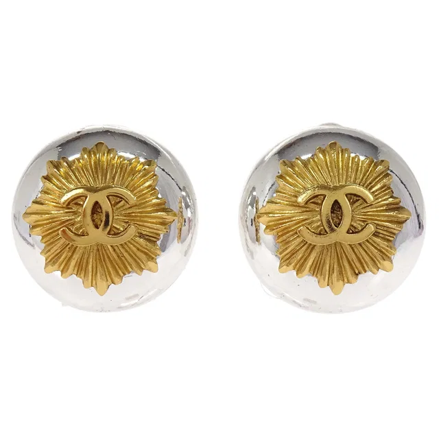 Chanel Button Clip-On Earrings Silver Gold 97P in Gold from AMORE Vintage Tokyo